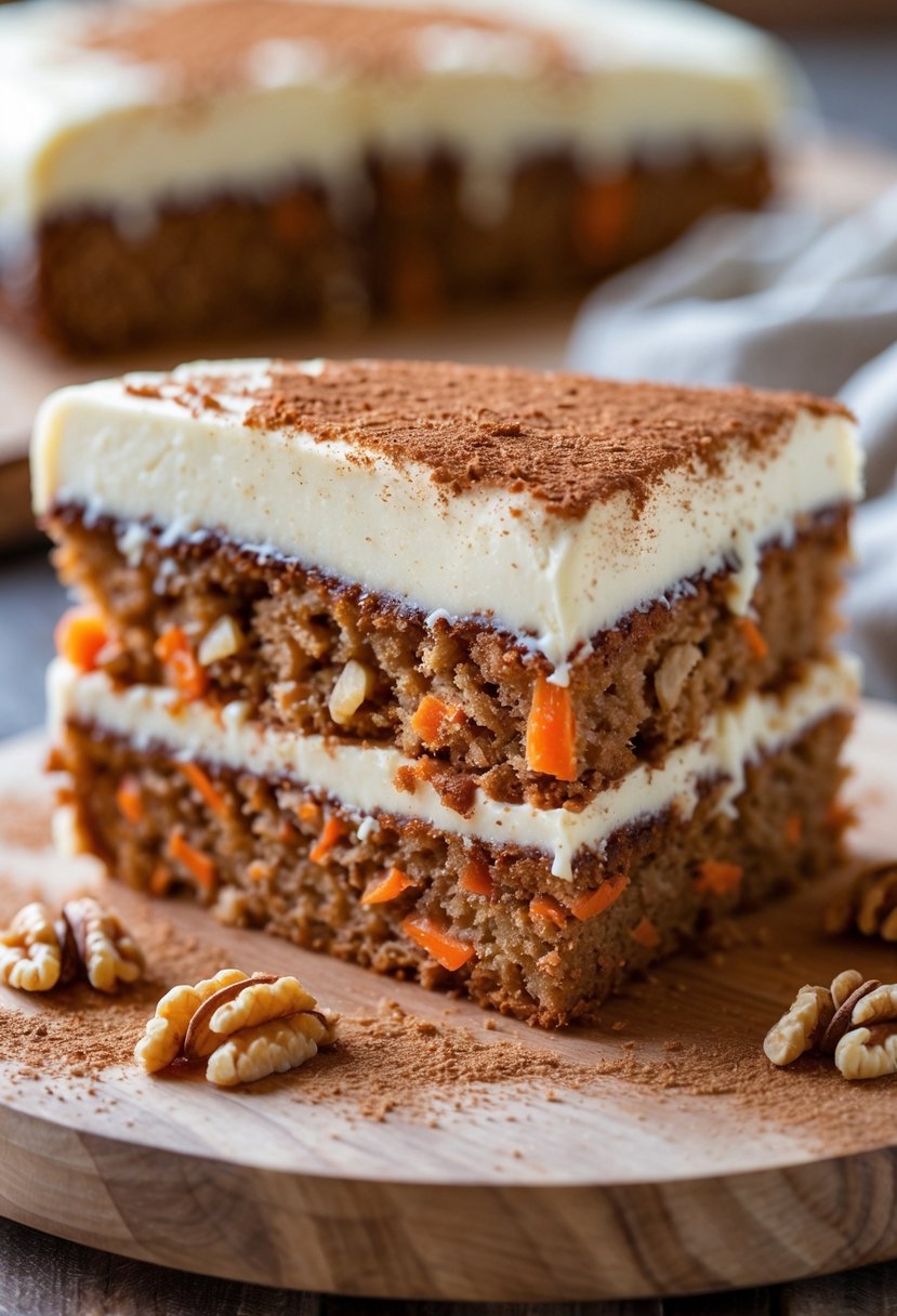 Close-up of a slice of carrot cake with cream cheese icing dusted with cinnamon.