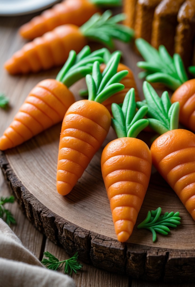 Close-up of several carrot-shaped marzipan decorations arranged on a wooden surface with a blurred carrot cake in the background.
