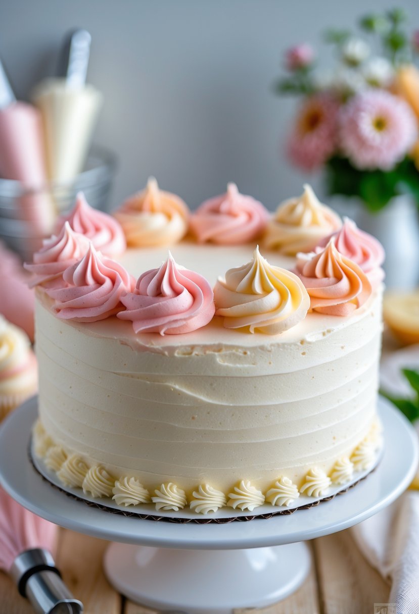 Close-up of a cake decorated with pastel buttercream rosettes on a white cake stand with baking tools blurred in the background.