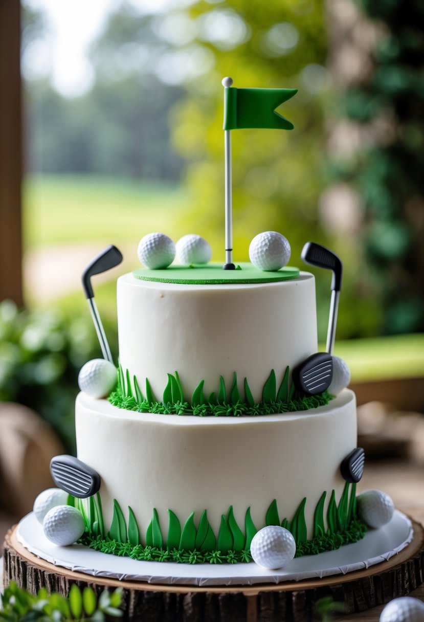 A multi-tiered white cake decorated with edible golf clubs, golf balls, and a small golf green on top.
