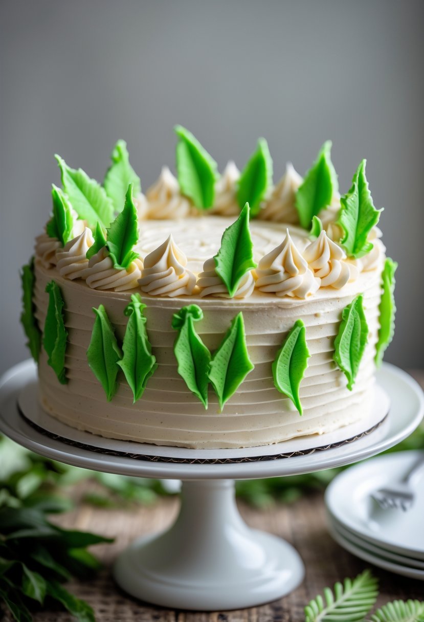 A carrot cake with textured buttercream frosting decorated with green leafy accents on a white cake stand.