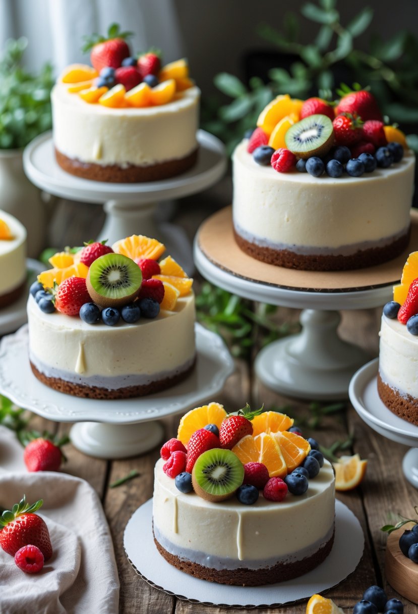 Several homemade cakes decorated with fresh fruit toppings arranged on cake stands and wooden surfaces.