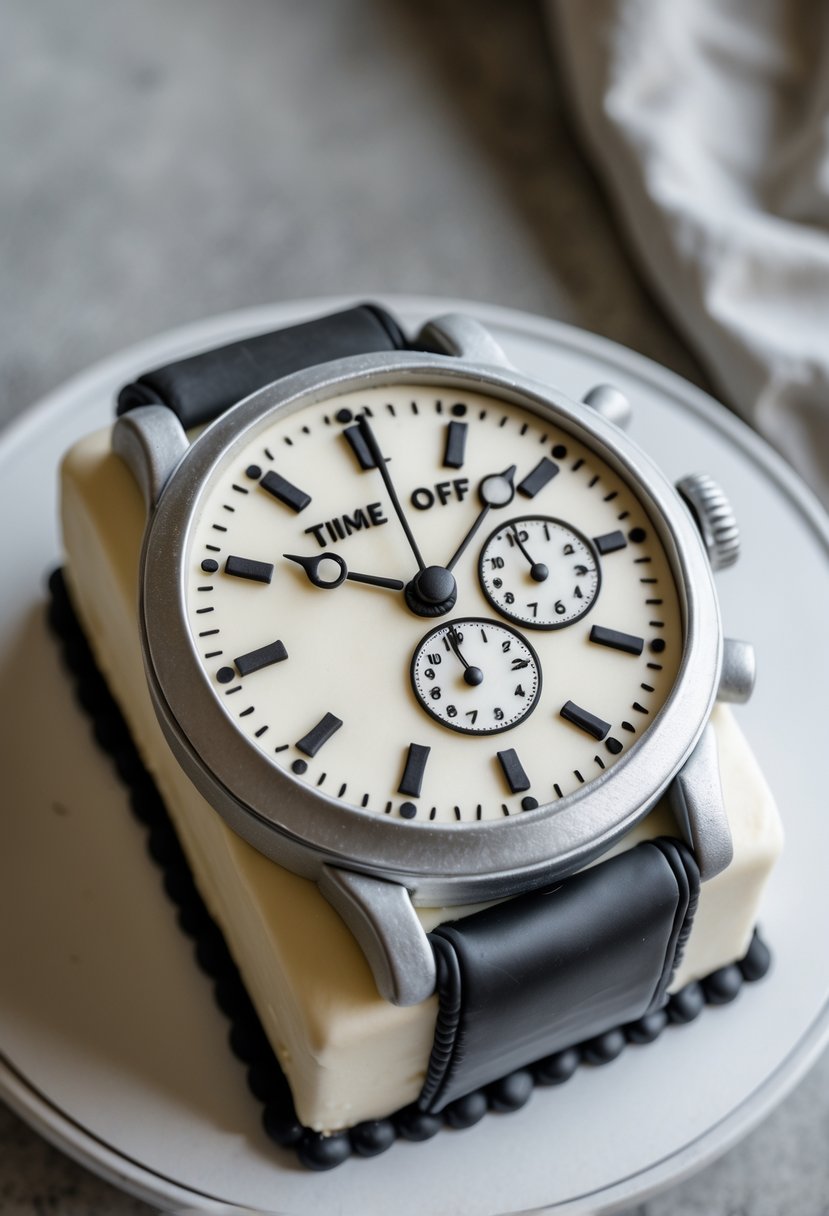 A detailed cake shaped like a classic wristwatch on a plain background.