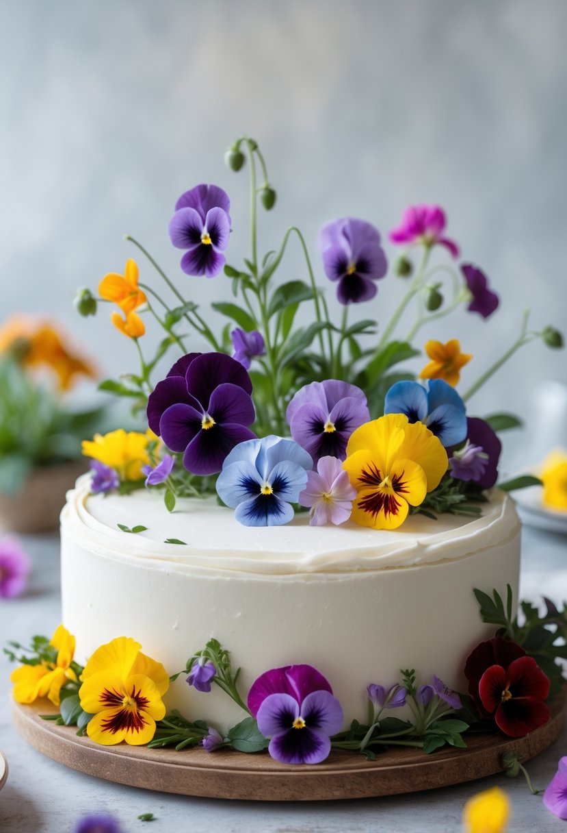 A decorated cake topped with colorful edible flowers on a white frosted surface.