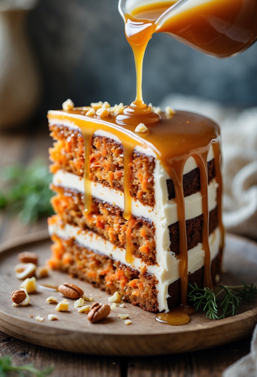 A slice of carrot cake with creamy frosting drizzled with caramel or honey glaze on a wooden plate.