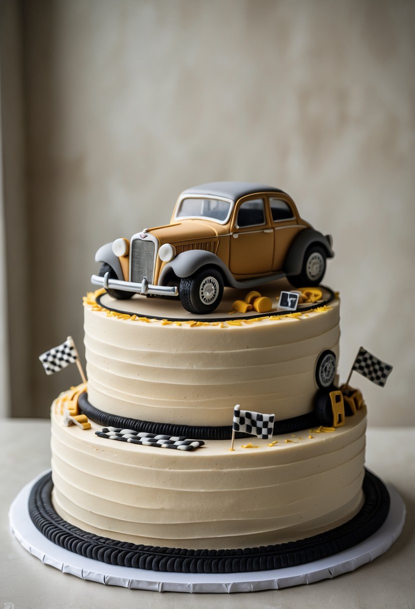 A detailed vintage car-themed cake designed for a man's retirement celebration, featuring a realistic miniature car and automotive decorations.