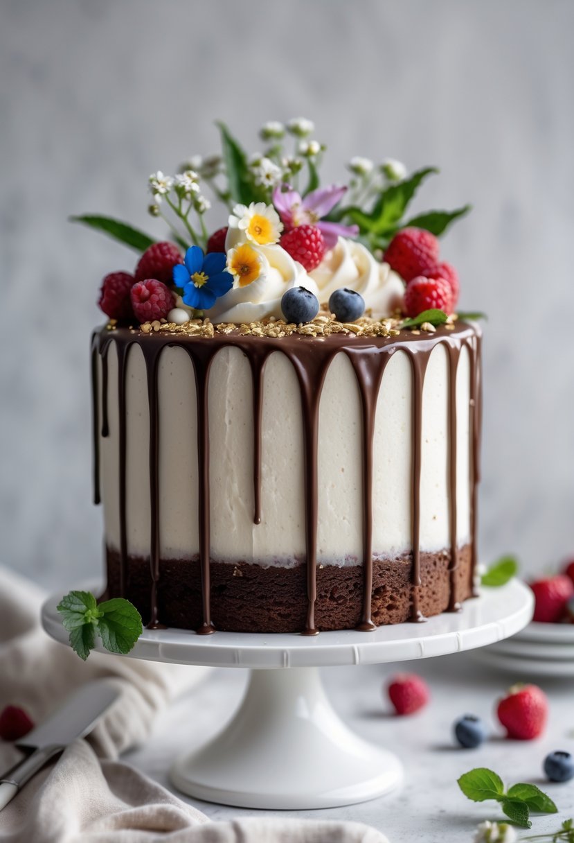 A homemade cake with glossy chocolate dripping down the sides, decorated with fresh berries and flowers on a white cake stand.