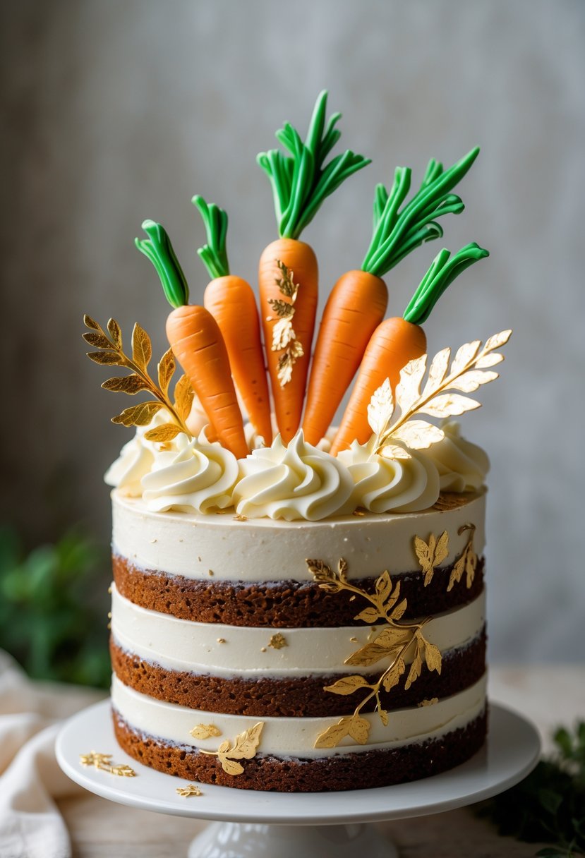A multi-layered carrot cake decorated with cream cheese frosting, carrot-shaped decorations, and gold leaf accents on a white cake stand.