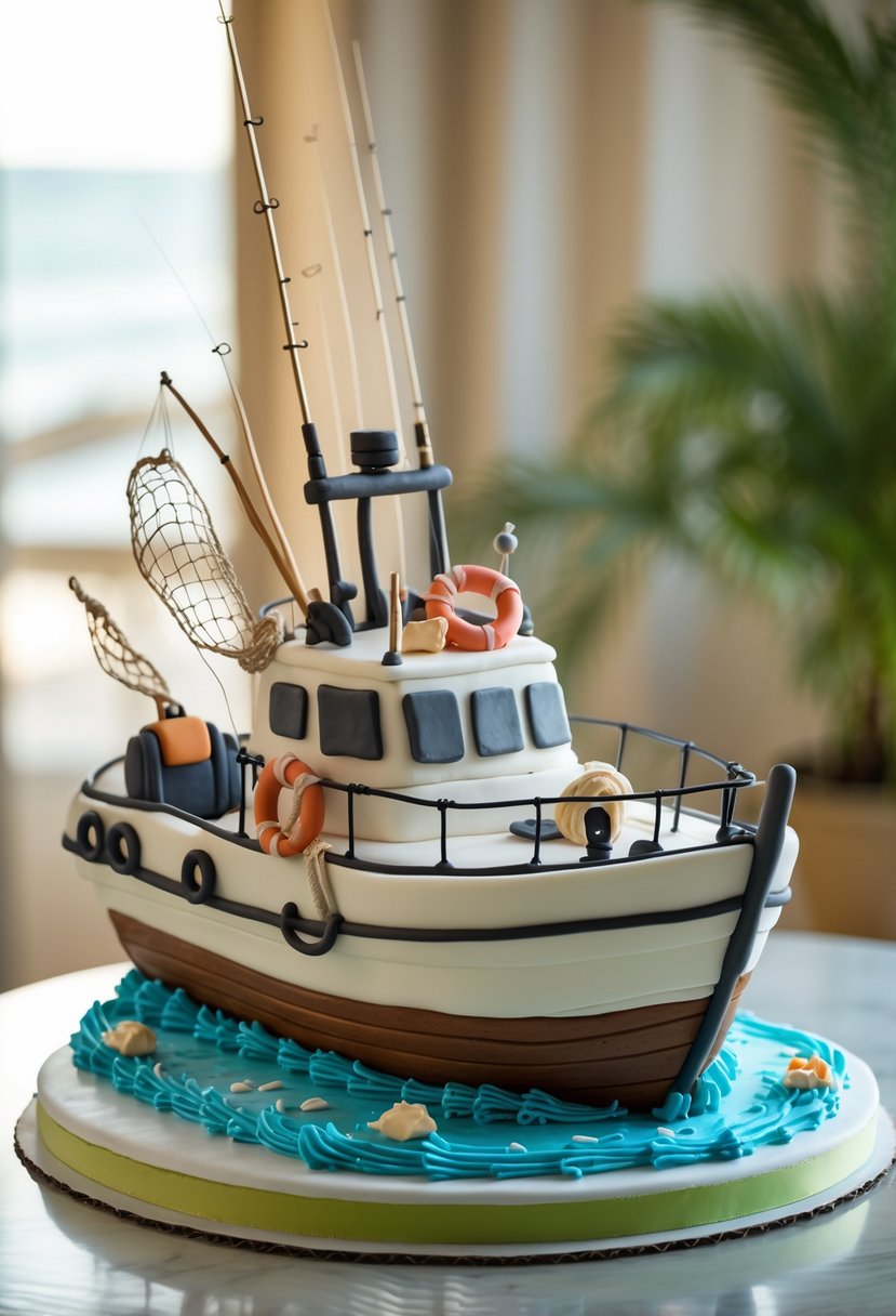 A detailed cake shaped like a fishing boat with fishing gear decorations on a white platter.