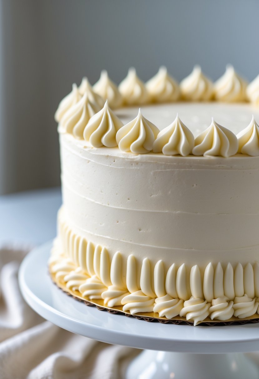 Close-up of a decorated cake with simple piped borders on creamy frosting.