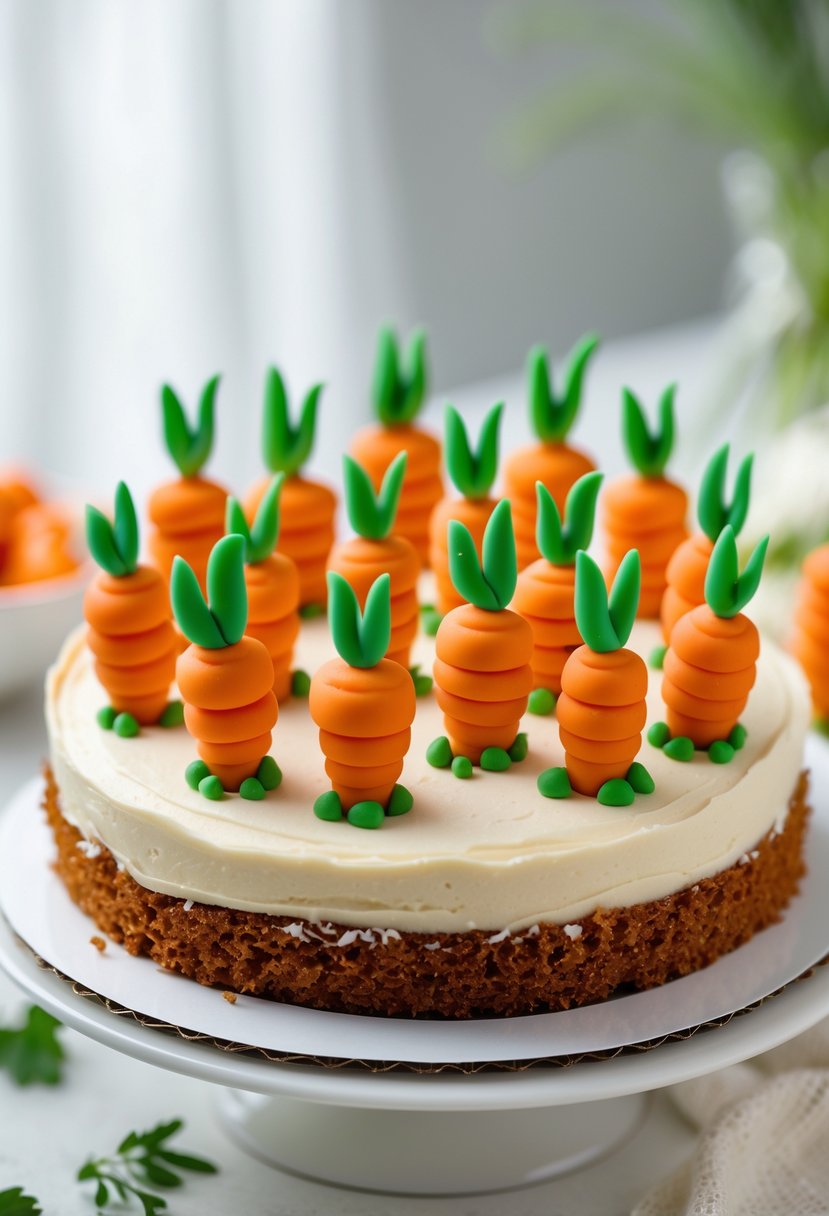 A carrot cake decorated with small fondant carrot toppers arranged on top.