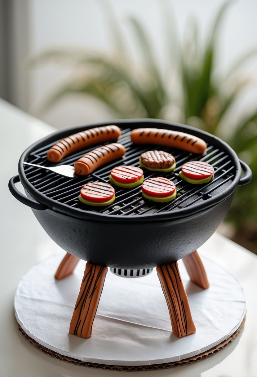 A detailed cake shaped like a barbecue grill with fondant food decorations on a white surface.