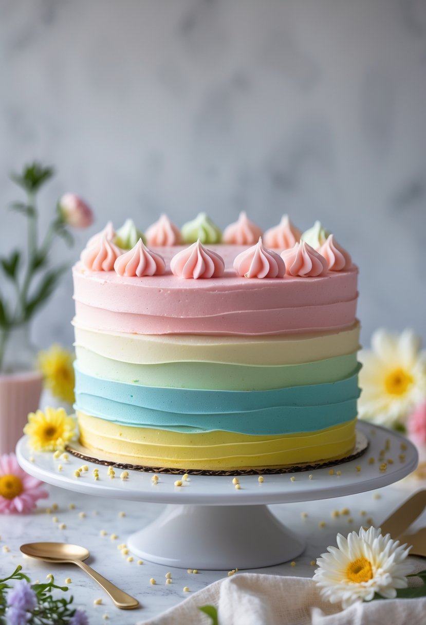 A multi-layered cake with colorful frosting layers in pastel shades on a clean surface with decorative flowers and sprinkles around it.