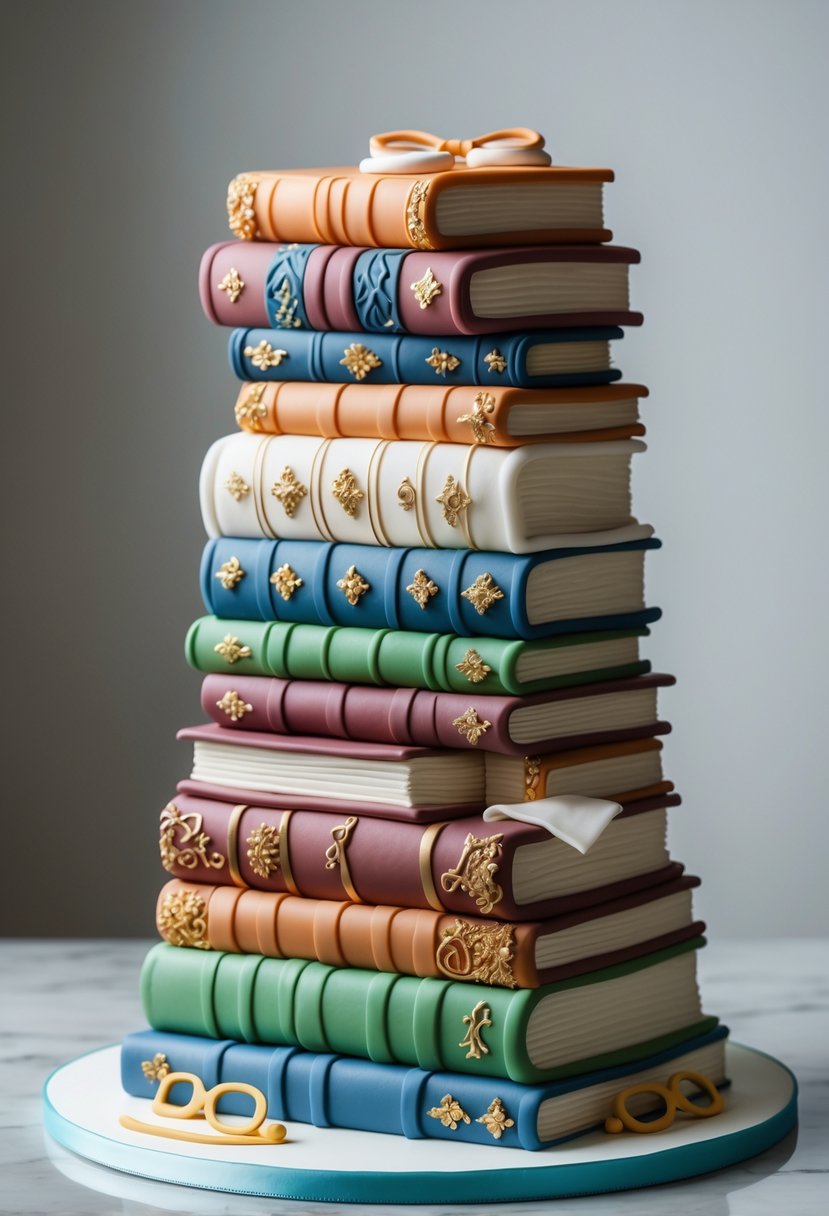 A multi-tiered cake designed to look like a bookshelf filled with colorful books and small reading-related decorations.