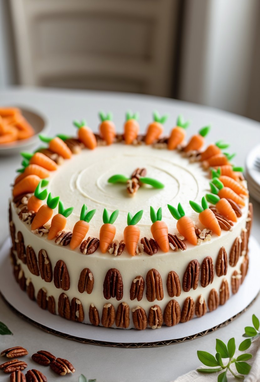 A round carrot cake with cream cheese frosting and toasted pecans sprinkled around the edges, decorated with icing carrots and green leaves.