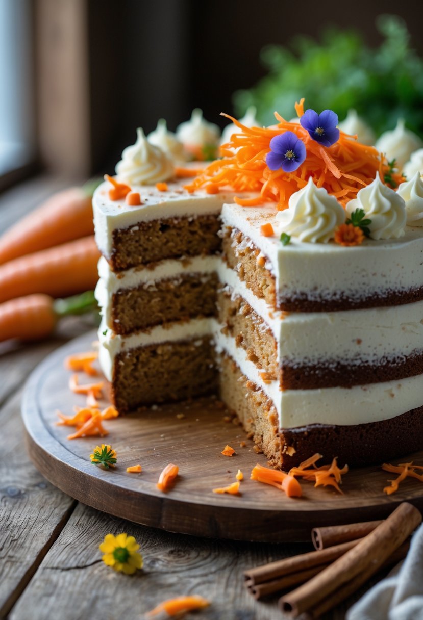 A layered carrot cake with white frosting, grated carrot topping, and cinnamon sticks on a wooden table.