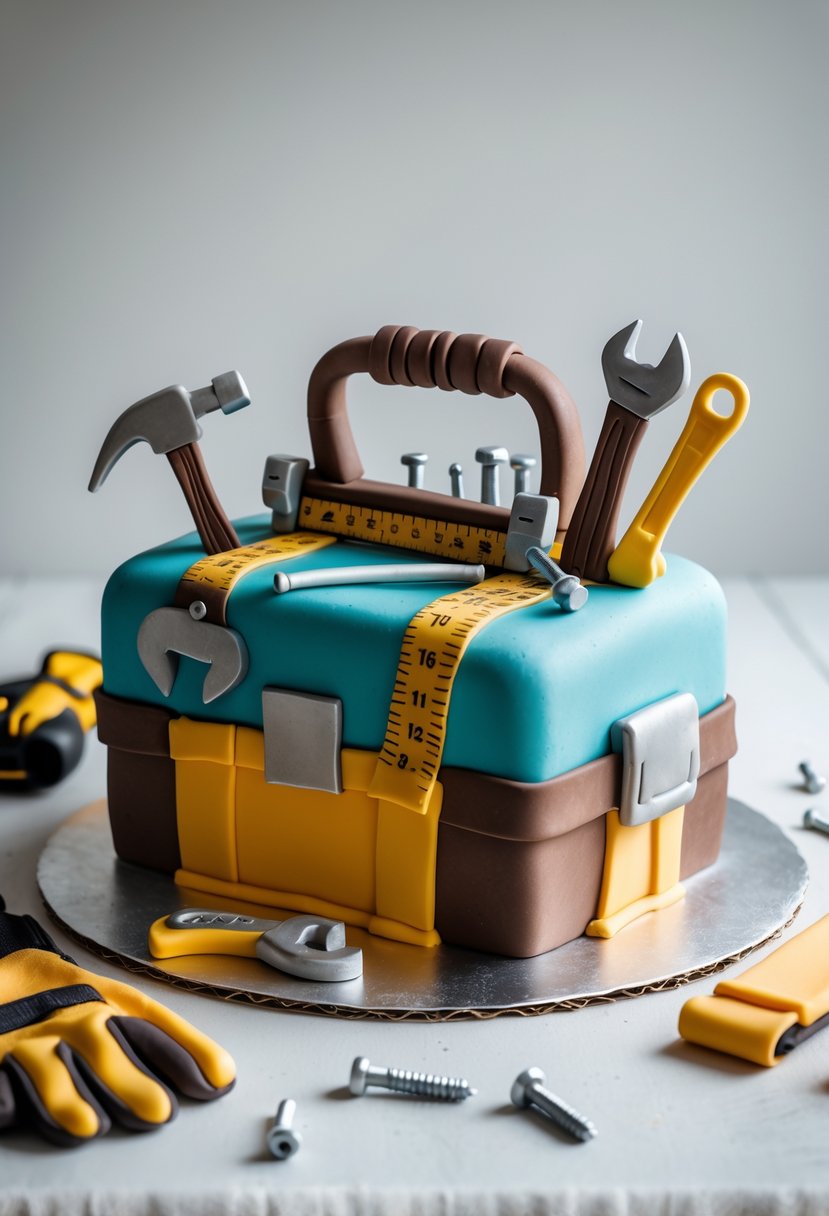 A detailed cake shaped like a toolbox with edible tools on top, displayed on a clean surface with handyman-related props around it.