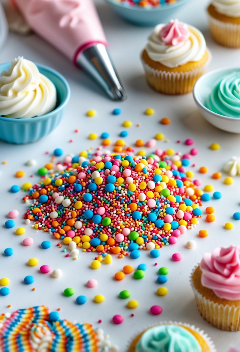 Close-up of colorful candy sprinkles scattered on a white surface with cake decorating tools and partially decorated cupcakes nearby.