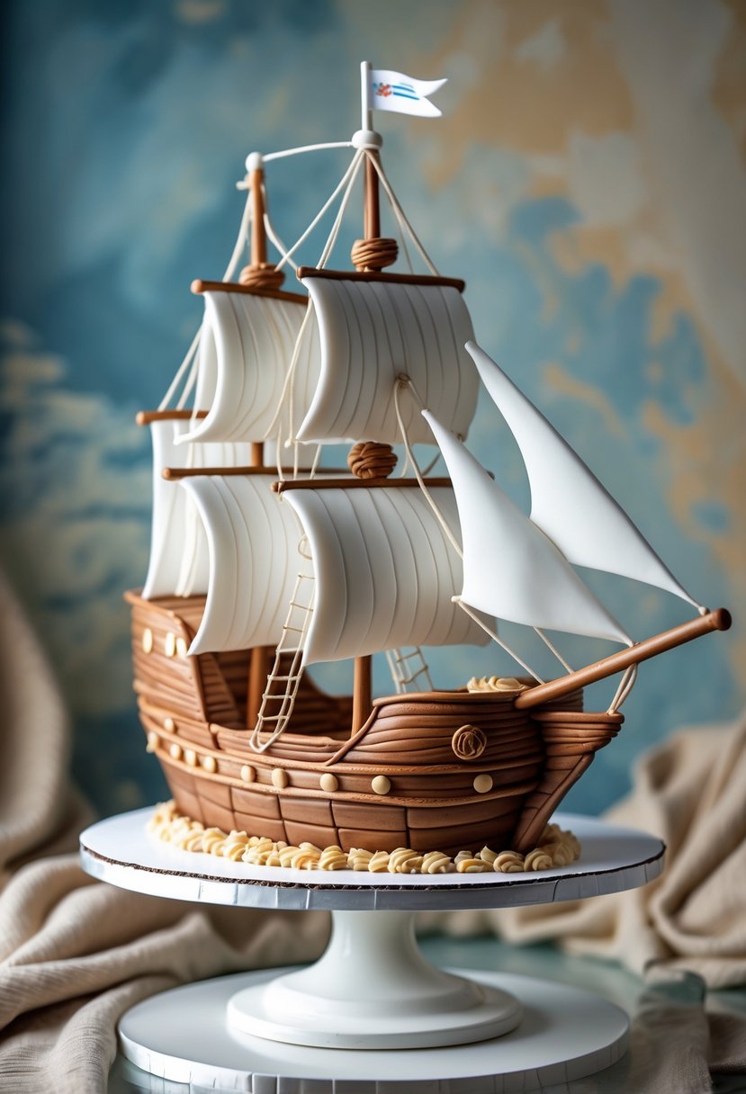 A detailed sailing ship cake with white sails and wooden textures on a white cake stand against a soft nautical background.