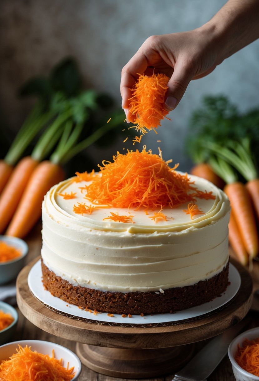 A carrot cake topped with fresh grated carrot garnish on a wooden stand, surrounded by whole carrots and a bowl of grated carrots.