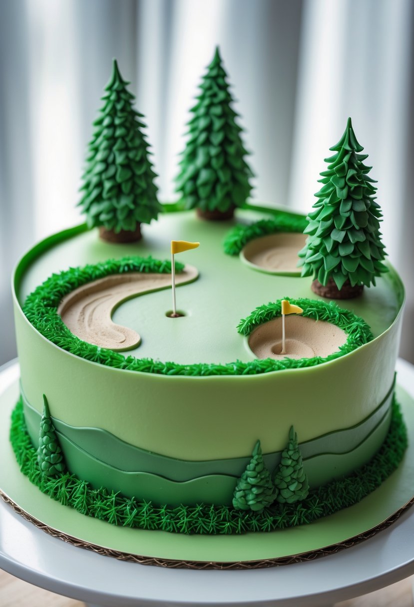 A cake decorated to resemble a golf course with green grass, fondant trees, a sand bunker, and a golf flag on top.