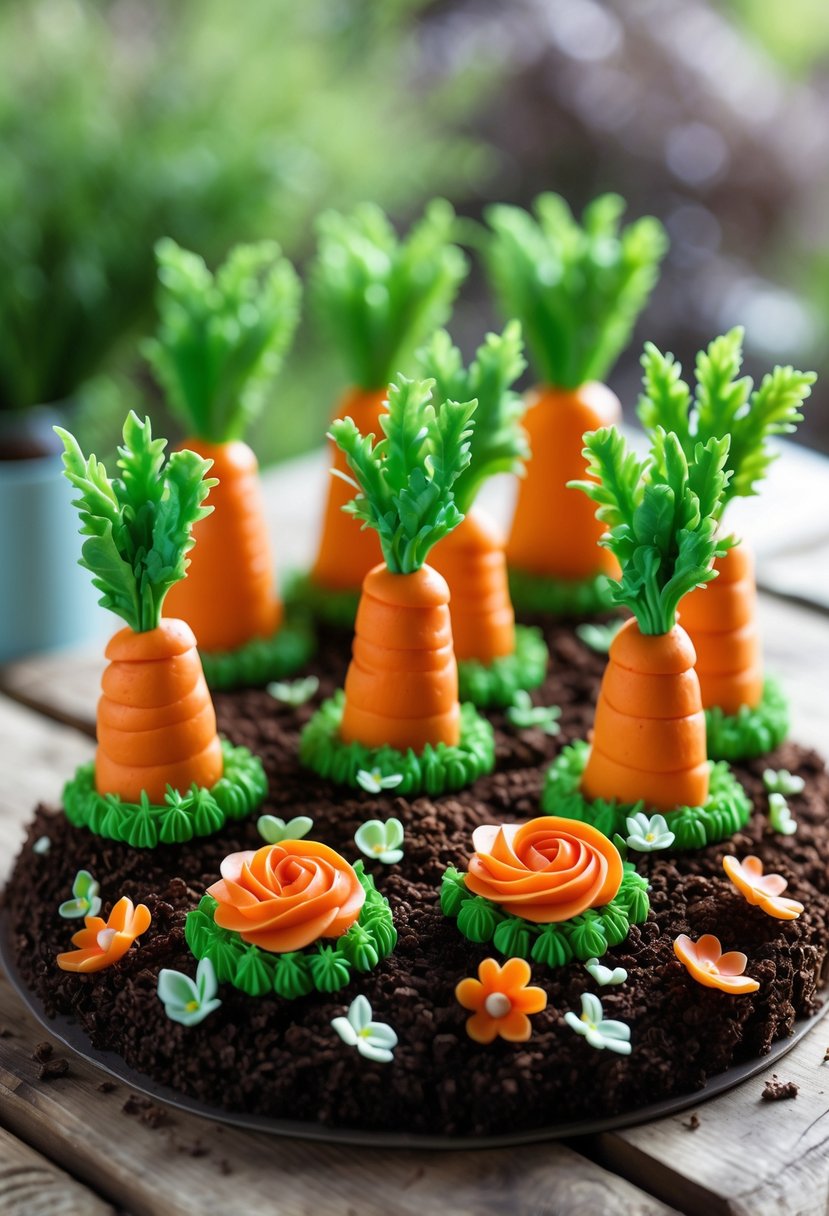 A miniature edible garden scene with carrot-shaped cakes, green frosting leaves, and small sugar flowers and insects arranged on a chocolate cake soil base.