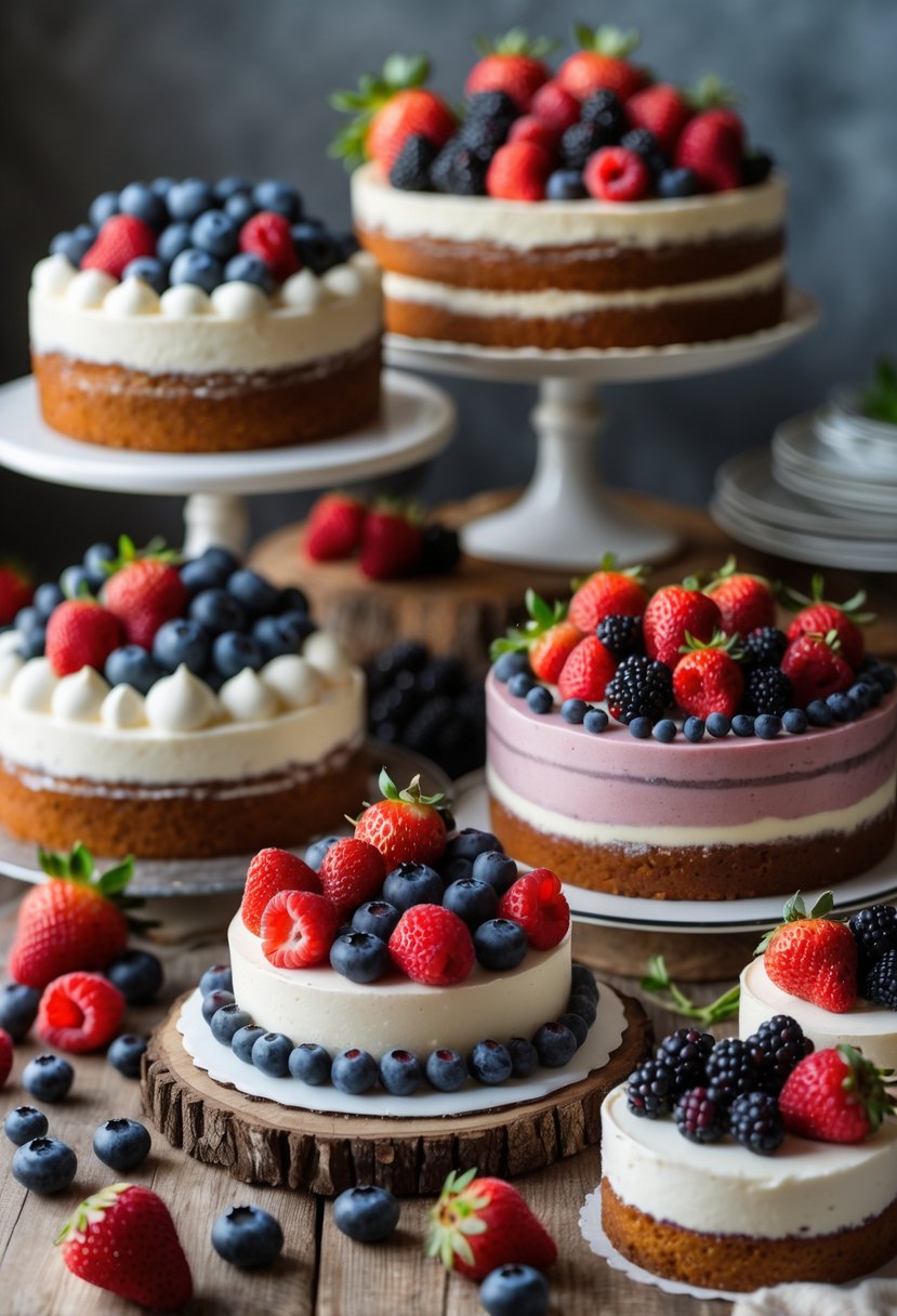 A table with fresh clusters of strawberries, blueberries, raspberries, and blackberries next to several decorated homemade cakes.