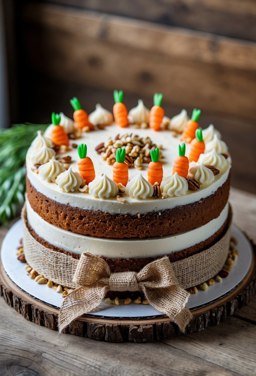 A carrot cake with cream cheese frosting and a rustic burlap ribbon wrapped around its base, placed on a wooden surface.