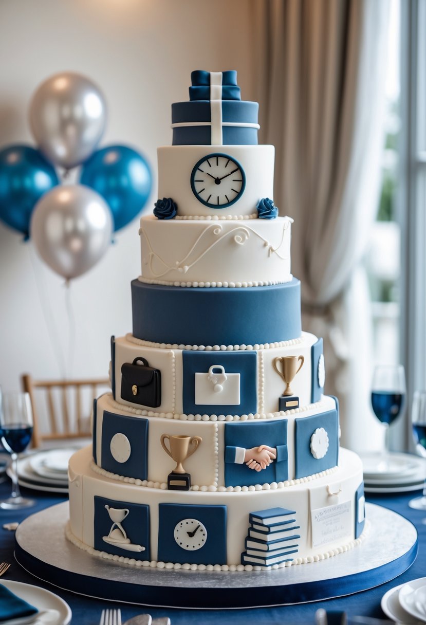A multi-tiered retirement cake decorated with edible photo panels showing career achievement symbols, placed on a table with party decorations in the background.