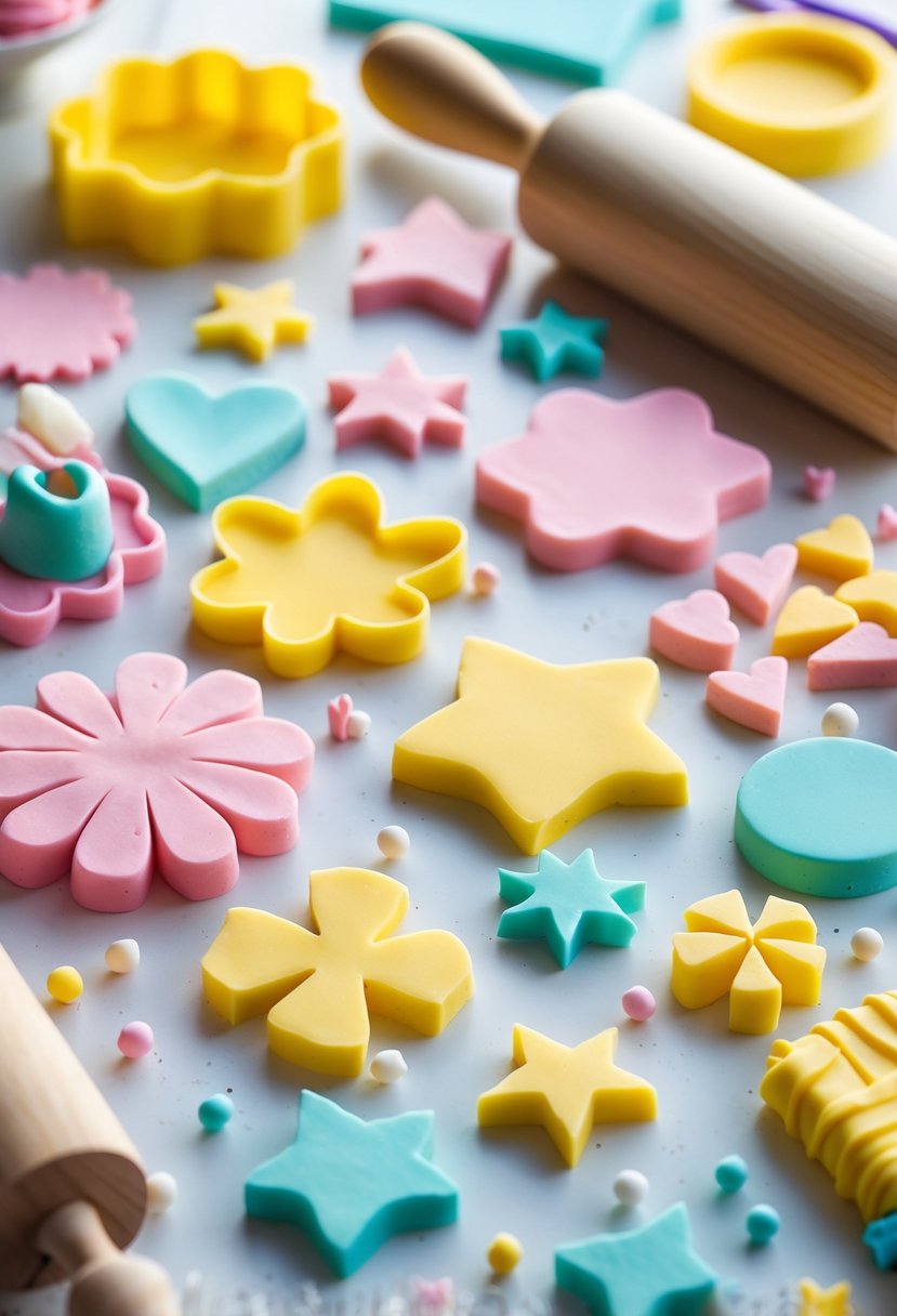 A collection of colorful fondant cutouts and cake decorating tools arranged on a white surface.