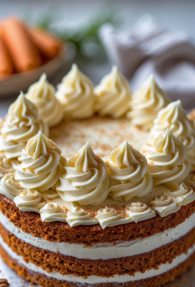 Close-up of a carrot cake topped with piped cream cheese rosettes dusted with nutmeg.