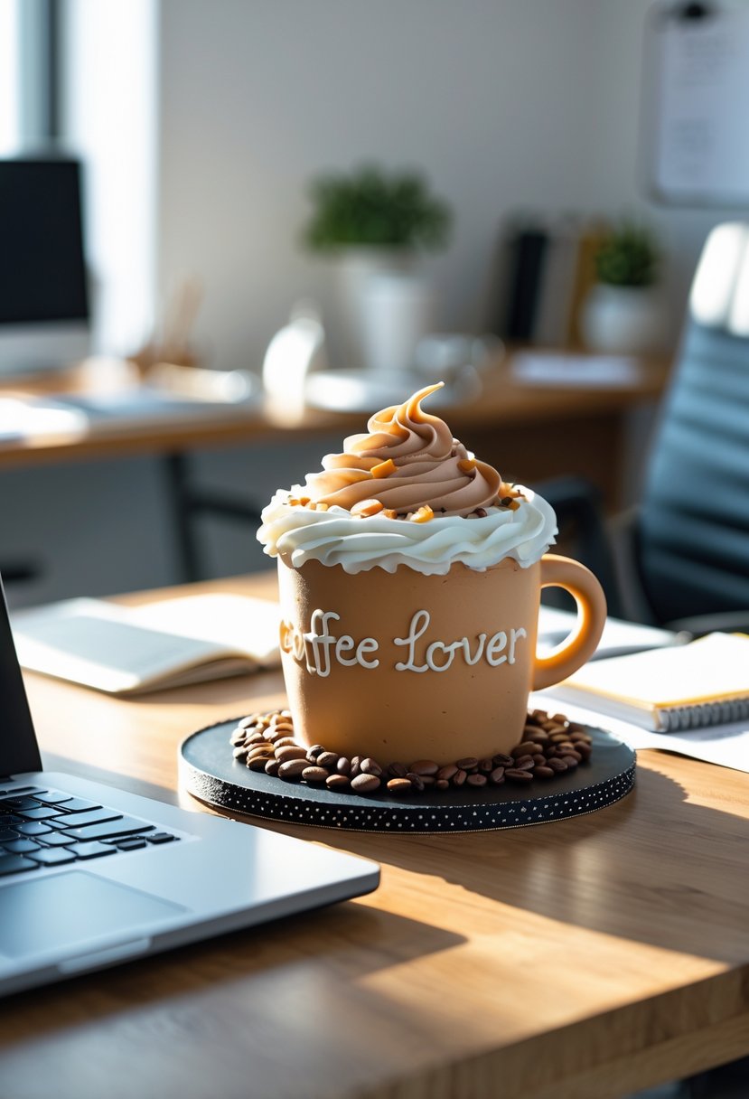 A laptop on a wooden desk next to a cake shaped like a coffee cup in an office setting.