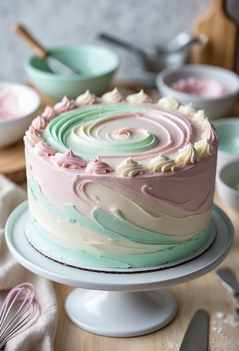 Close-up of a cake decorated with smooth marbled icing in pastel colors on a white cake stand with baking tools blurred in the background.