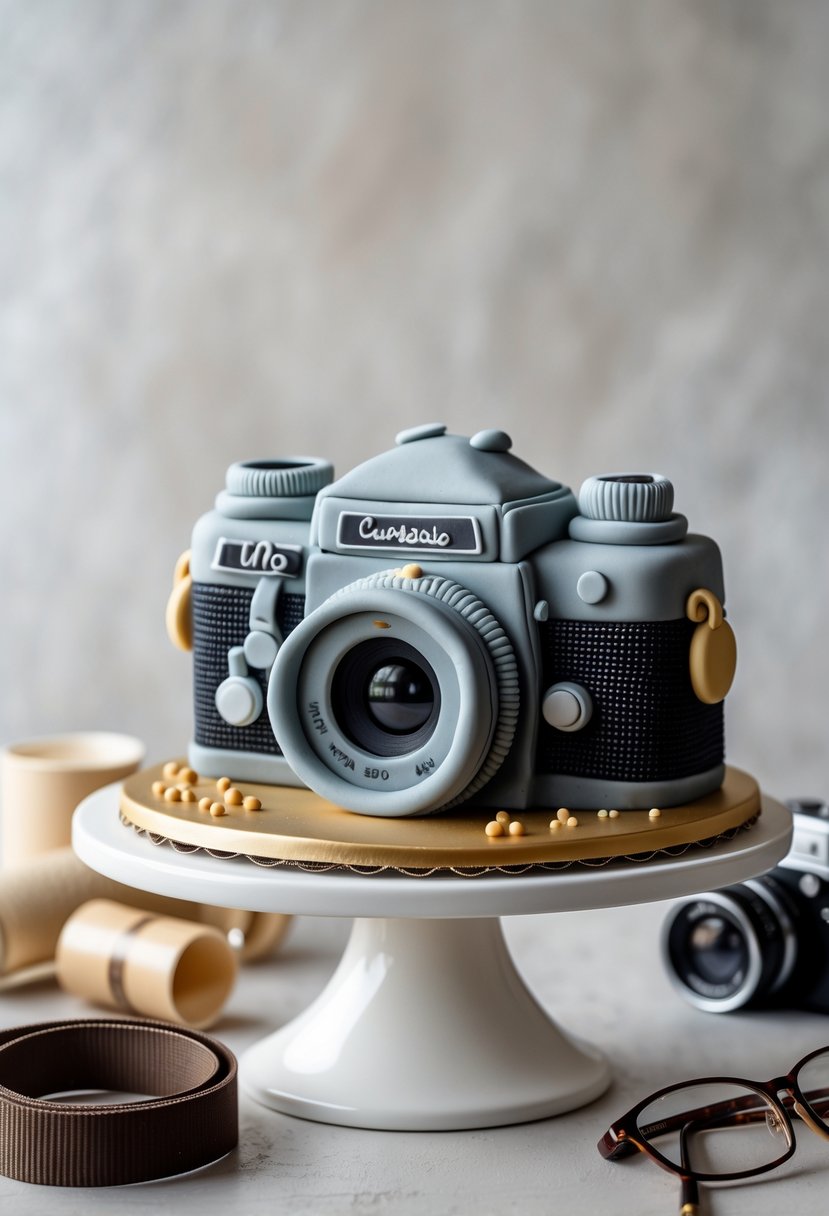 A detailed cake shaped like a vintage camera on a white cake stand with photography-related props around it.