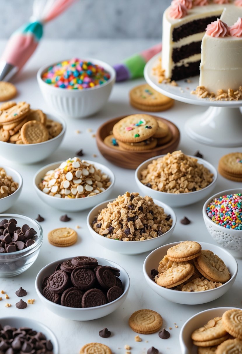 Various crushed cookie toppings in bowls and scattered on a white surface, with cake decorating tools and a partially decorated cake in the background.