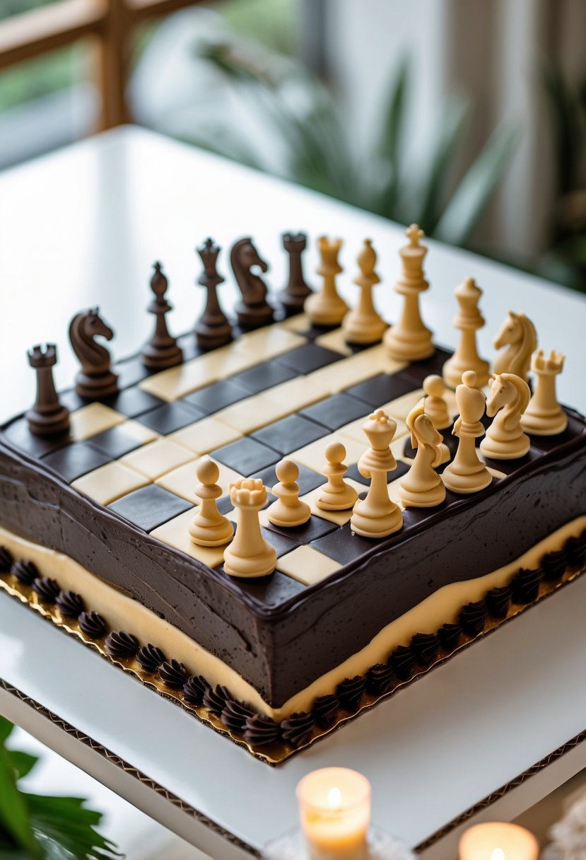 A chessboard cake with detailed chess pieces arranged on top, placed on a white surface.