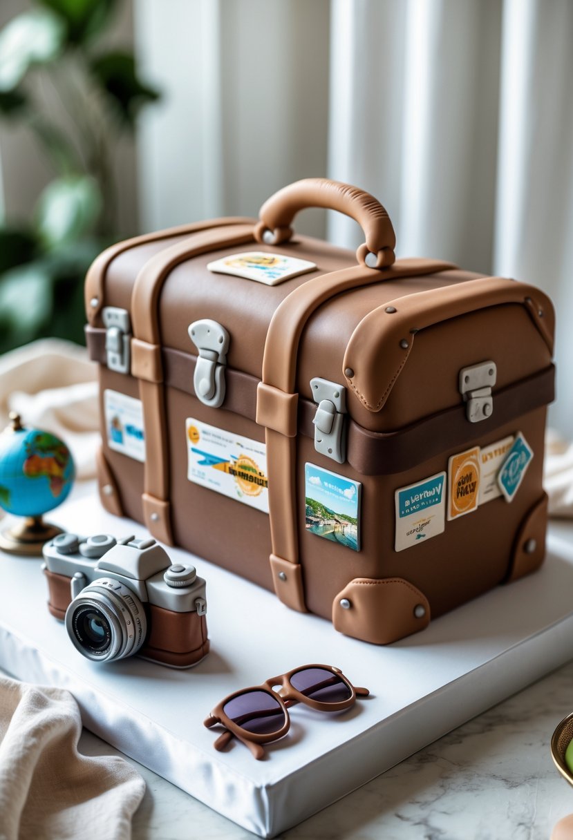 A cake shaped like a travel suitcase with travel-themed decorations on a white surface, surrounded by a camera, sunglasses, and a small globe.