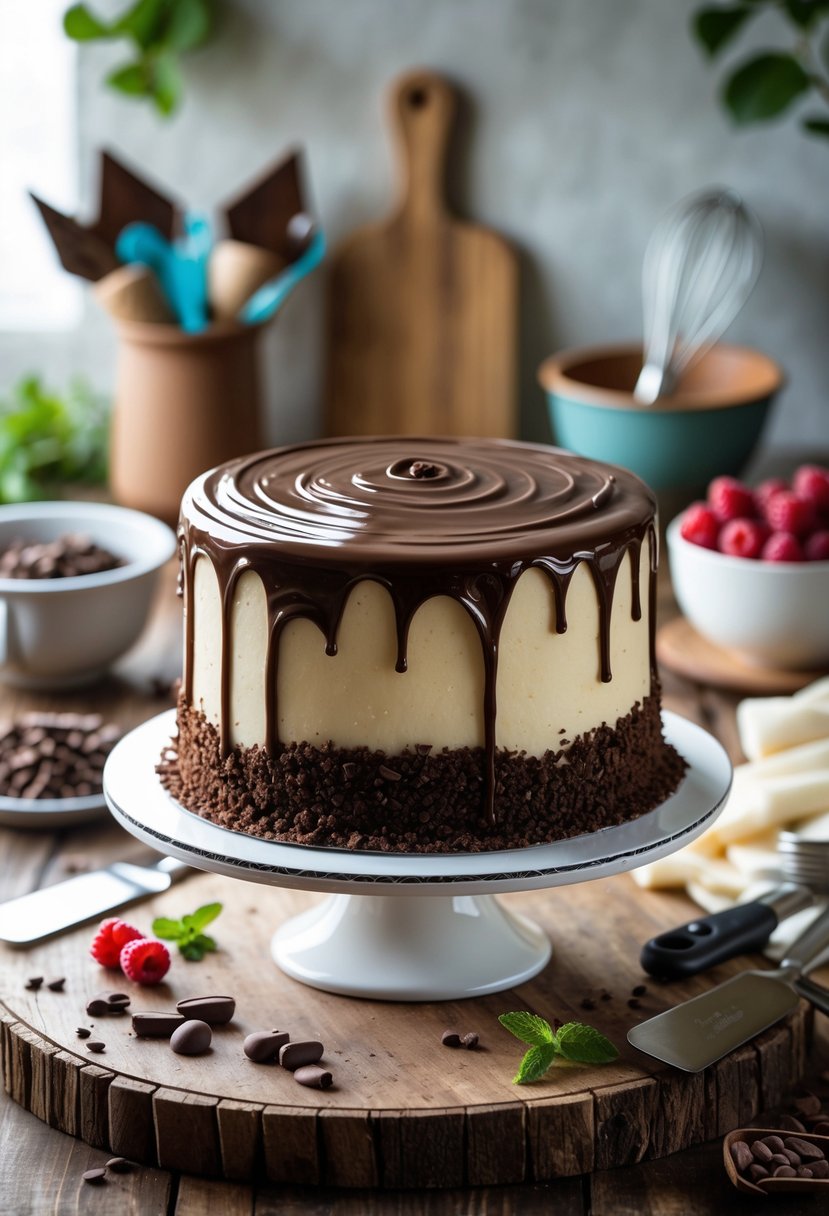 A cake with a shiny ganache glaze on a wooden table surrounded by cake decorating tools and fresh ingredients.