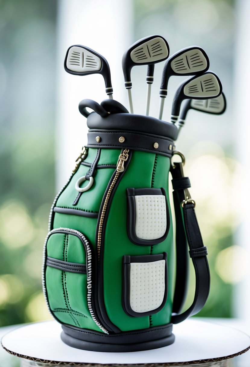 A golf bag-shaped cake with edible golf clubs on a white surface.