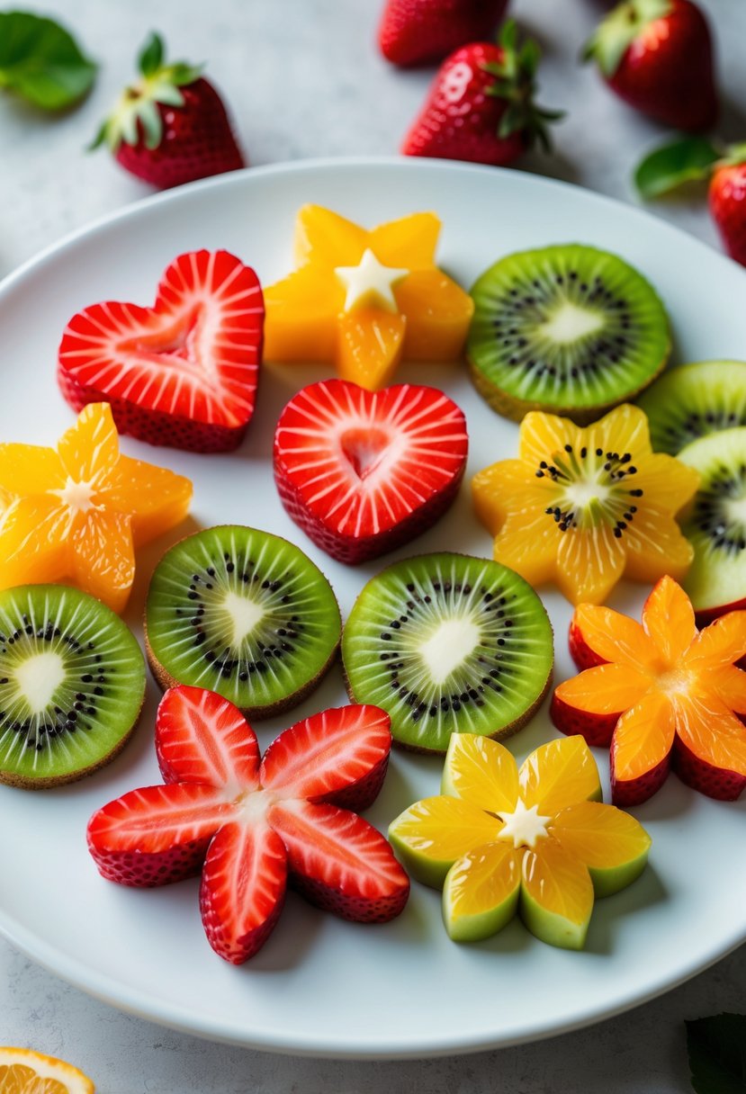 A plate with various shaped fruit slices including heart-shaped strawberries, star-shaped kiwi, flower-shaped orange wedges, and leaf-shaped apple slices arranged neatly.