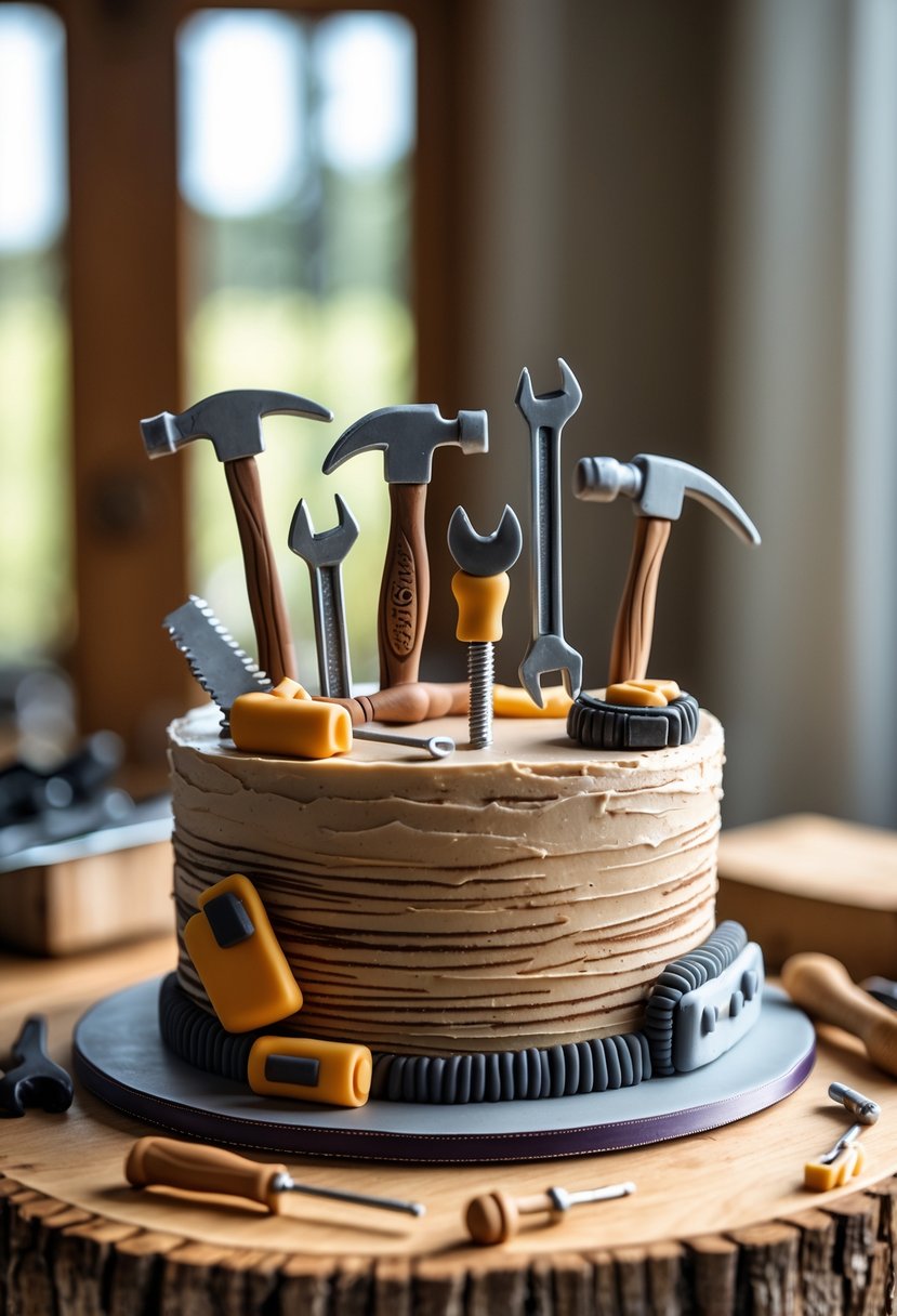 A retirement cake decorated with miniature edible tools arranged to look like a hobby workshop.