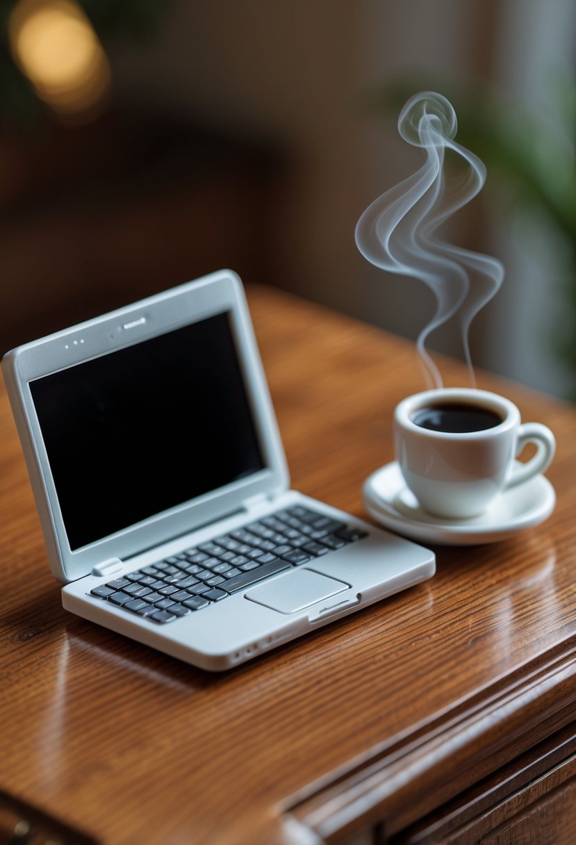 A classic office desk with a miniature laptop and a coffee cup on a wooden surface.