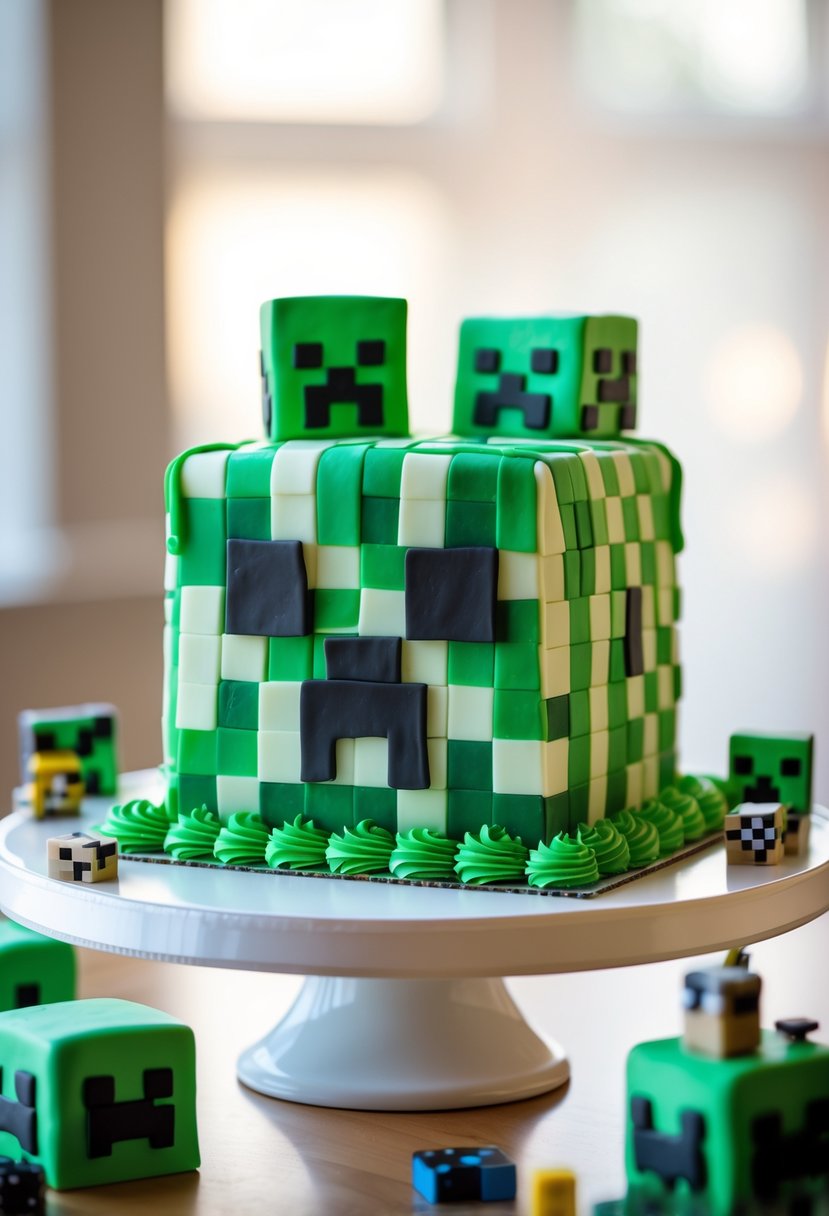 A Minecraft Creeper-themed birthday cake decorated with green and black pixel patterns on a wooden table with gaming decorations around it.