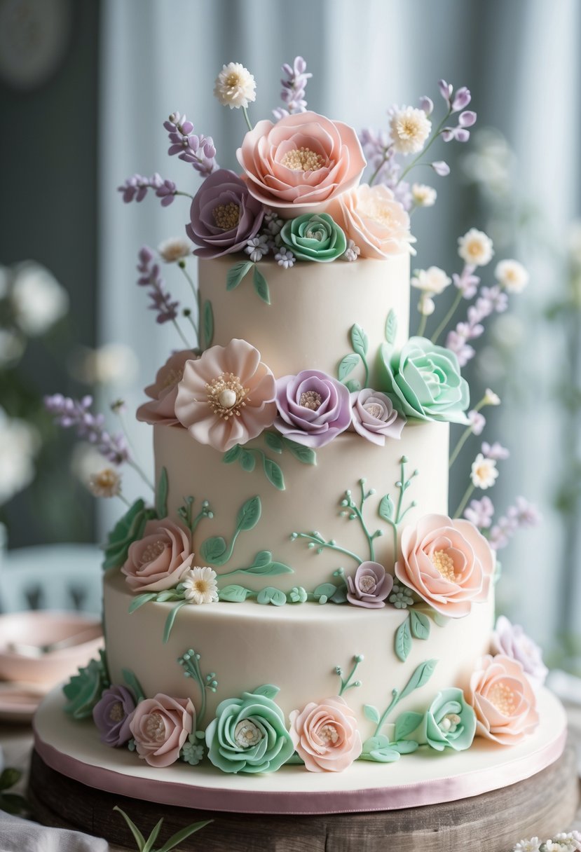 A multi-tiered farewell cake decorated with delicate pastel-colored sugar flowers arranged around its smooth surface.