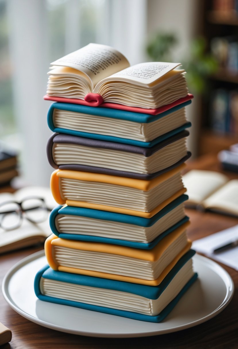A farewell cake designed to look like a stack of colorful hardcover books on a wooden table with soft lighting and a blurred indoor background.