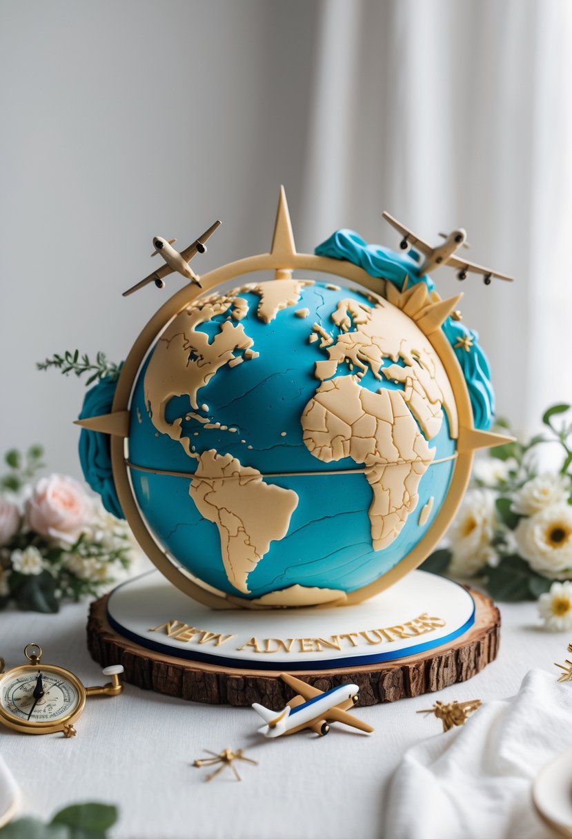 A farewell cake featuring a detailed globe design with travel-themed decorations on a clean background.