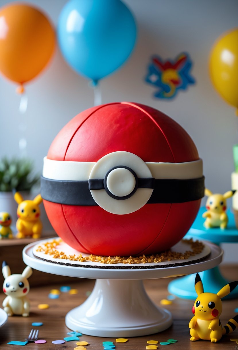 A round cake decorated like a red and white Pokémon Pokéball on a cake stand with party decorations around it.