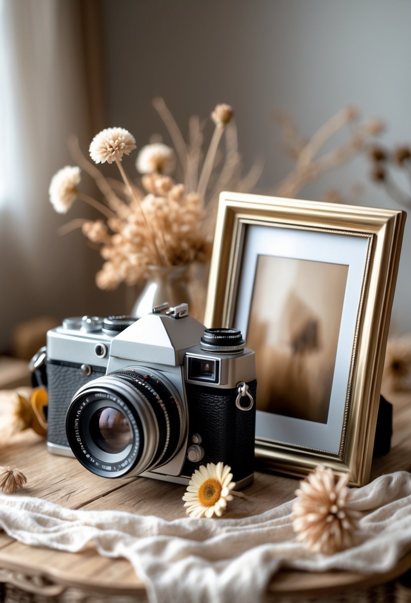 A vintage camera and a photo frame placed on a wooden table with dried flowers and soft lighting.