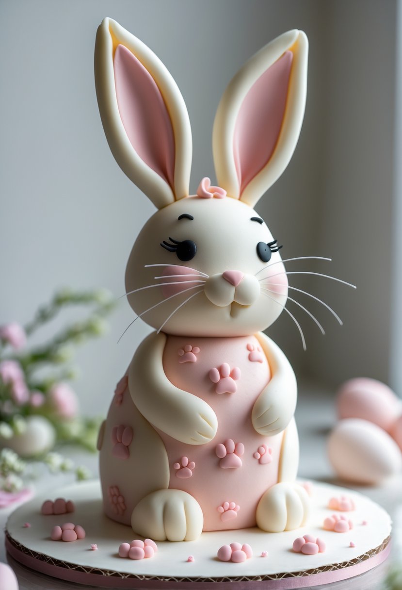 A 3D bunny-shaped cake with floppy ears and pink paw prints on a clean background.