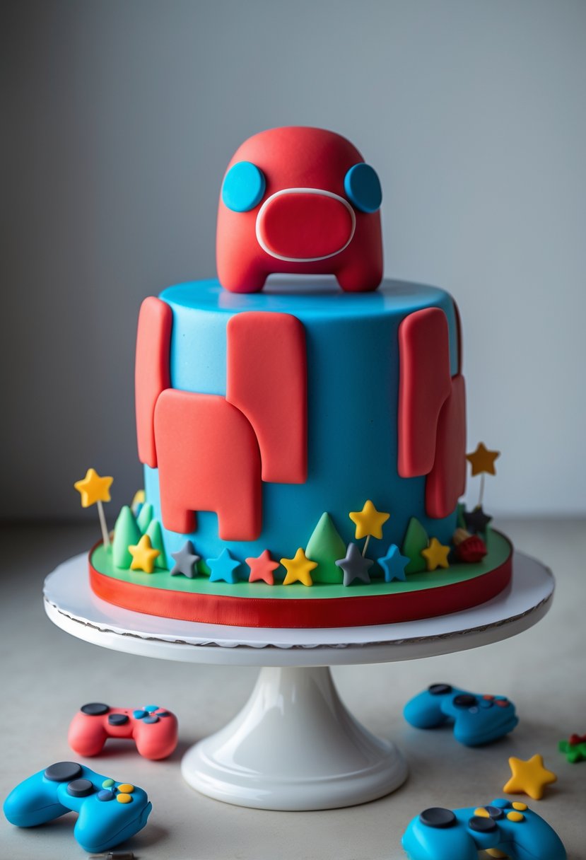 A colorful cake shaped like an Among Us character on a white cake stand with gaming-themed decorations around it.